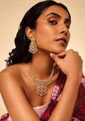 Gold-Plated Temple Cubic Zirconia Necklace and Earrings for Women | Traditional Temple Jewellery for Wedding & Festive Wear | Gift for Her