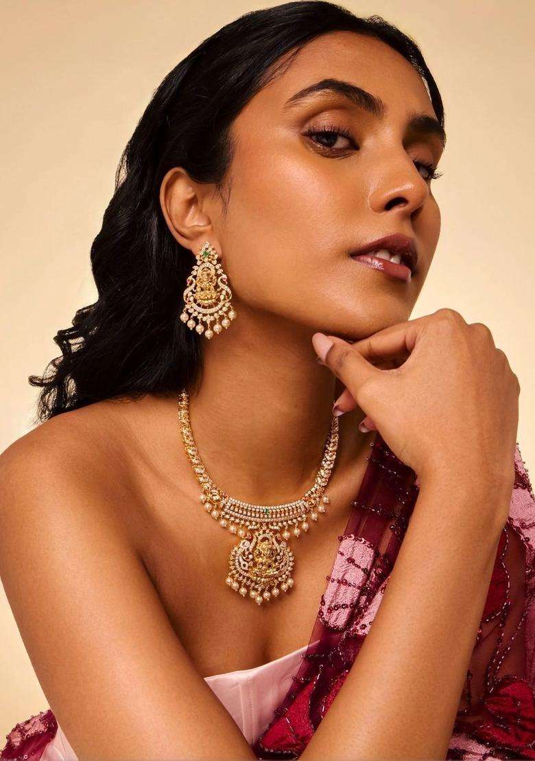 Gold-Plated Temple Cubic Zirconia Necklace and Earrings for Women | Traditional Temple Jewellery for Wedding & Festive Wear | Gift for Her - Indya