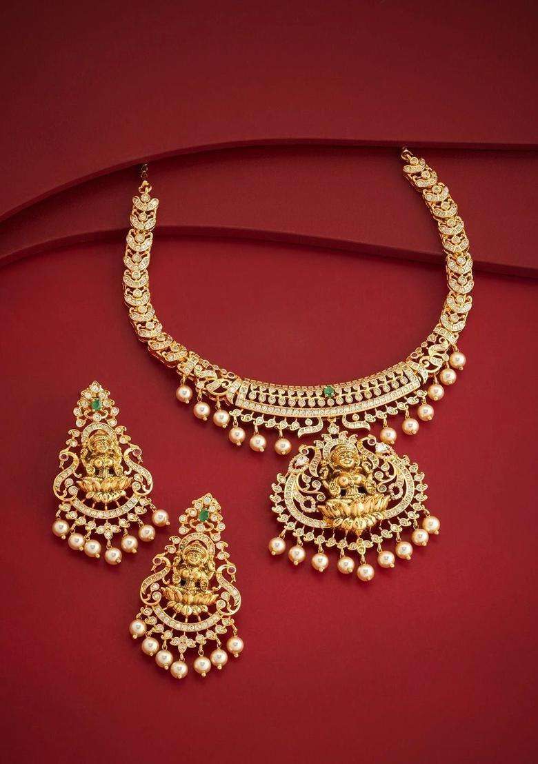 Gold-Plated Temple Cubic Zirconia Necklace and Earrings for Women | Traditional Temple Jewellery for Wedding & Festive Wear | Gift for Her - Indya