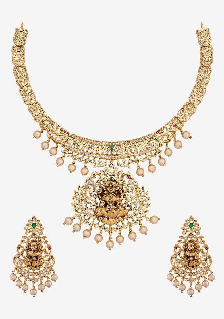Gold-Plated Temple Cubic Zirconia Necklace and Earrings for Women | Traditional Temple Jewellery for Wedding & Festive Wear | Gift for Her - Indya
