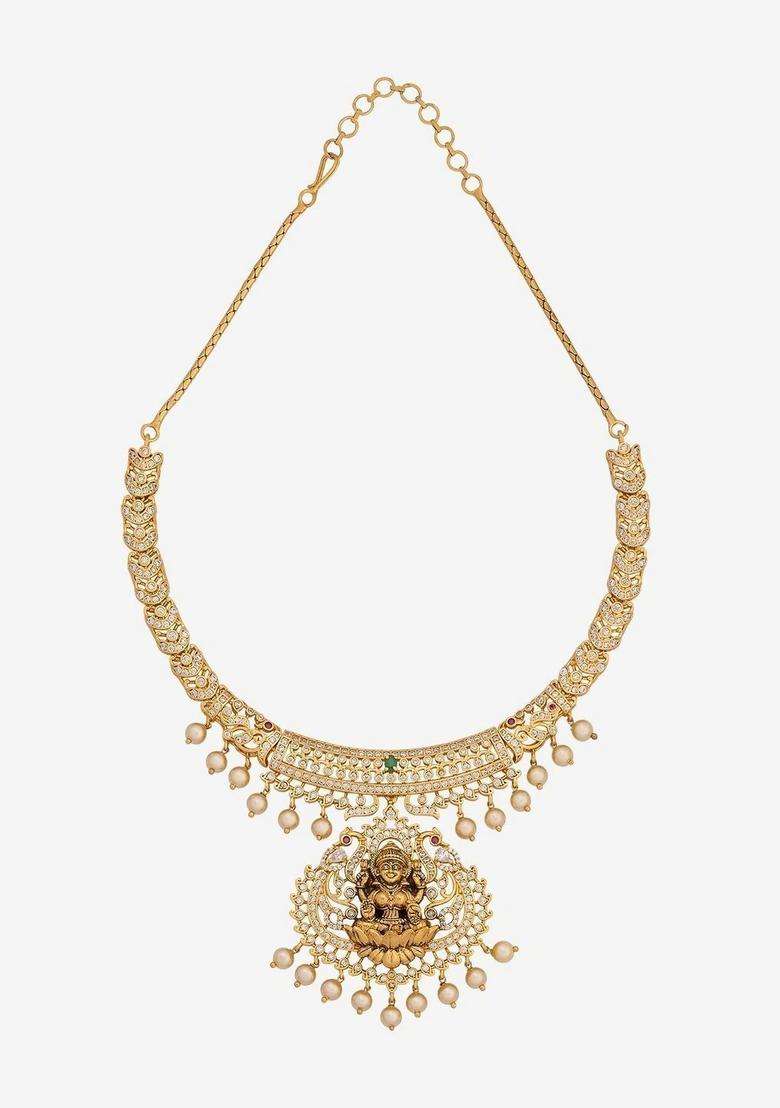 Gold-Plated Temple Cubic Zirconia Necklace and Earrings for Women | Traditional Temple Jewellery for Wedding & Festive Wear | Gift for Her - Indya
