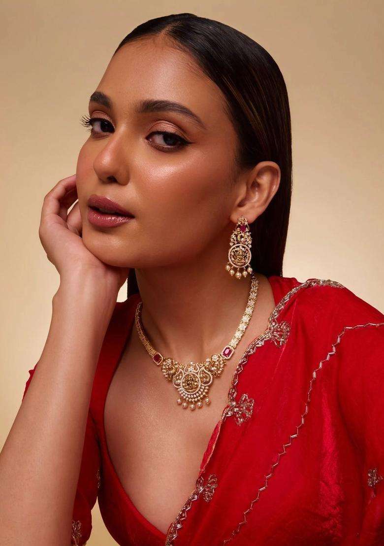 Womenn Gold-Plated Temple Cubic Zirconia Necklace and Earrings for Women | Traditional Temple Jewellery for Wedding & Festive Wear | Gift for Her - Indya