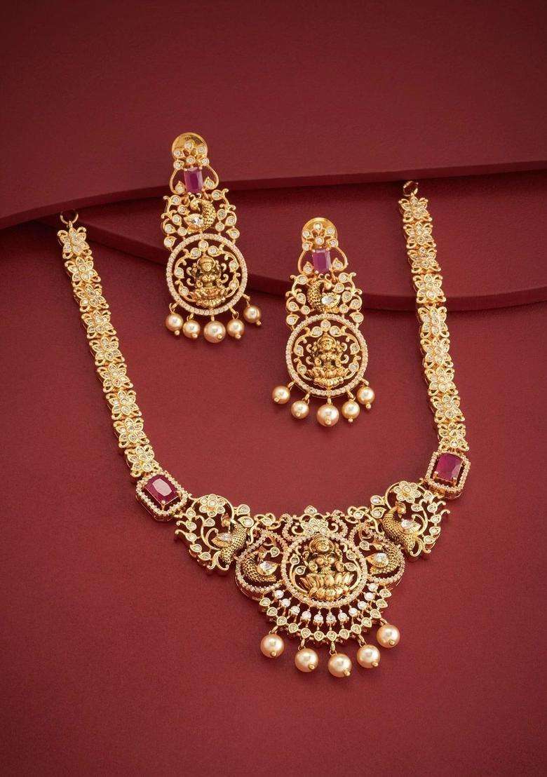 Womenn Gold-Plated Temple Cubic Zirconia Necklace and Earrings for Women | Traditional Temple Jewellery for Wedding & Festive Wear | Gift for Her - Indya