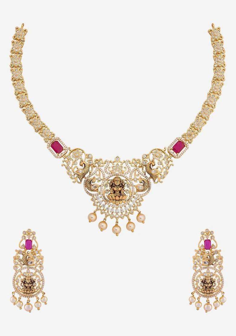 Womenn Gold-Plated Temple Cubic Zirconia Necklace and Earrings for Women | Traditional Temple Jewellery for Wedding & Festive Wear | Gift for Her - Indya