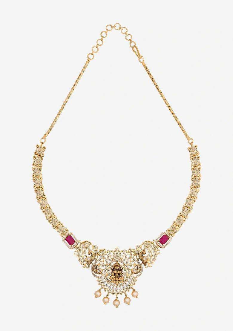Womenn Gold-Plated Temple Cubic Zirconia Necklace and Earrings for Women | Traditional Temple Jewellery for Wedding & Festive Wear | Gift for Her - Indya