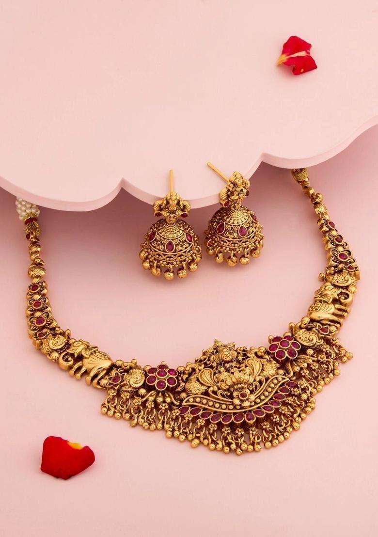 Gold-Plated Temple Cubic Zirconia Necklace and Earrings for Women | Traditional Temple Jewellery for Wedding & Festive Wear | Gift for Her - Indya