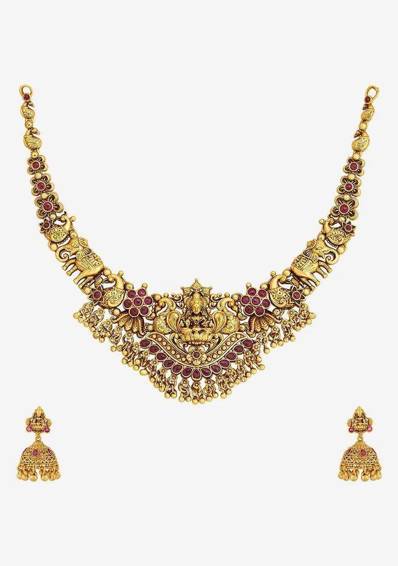 Gold-Plated Temple Cubic Zirconia Necklace and Earrings for Women | Traditional Temple Jewellery for Wedding & Festive Wear | Gift for Her - Indya