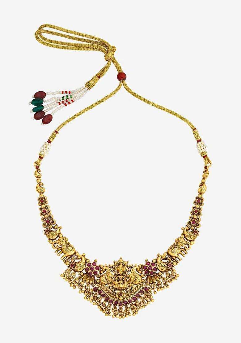 Gold-Plated Temple Cubic Zirconia Necklace and Earrings for Women | Traditional Temple Jewellery for Wedding & Festive Wear | Gift for Her - Indya