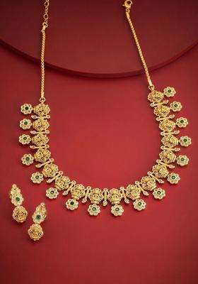 Gold-Plated Temple Cubic Zirconia Necklace and Earrings for Women | Traditional Temple Jewellery for Wedding & Festive Wear | Gift for Her
