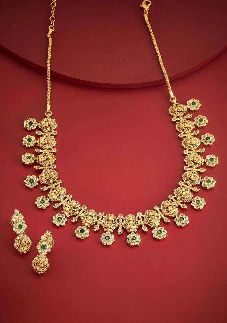 Gold-Plated Temple Cubic Zirconia Necklace and Earrings for Women | Traditional Temple Jewellery for Wedding & Festive Wear | Gift for Her - Indya