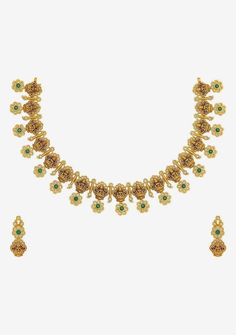 Gold-Plated Temple Cubic Zirconia Necklace and Earrings for Women | Traditional Temple Jewellery for Wedding & Festive Wear | Gift for Her - Indya