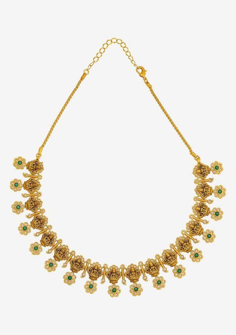 Gold-Plated Temple Cubic Zirconia Necklace and Earrings for Women | Traditional Temple Jewellery for Wedding & Festive Wear | Gift for Her - Indya