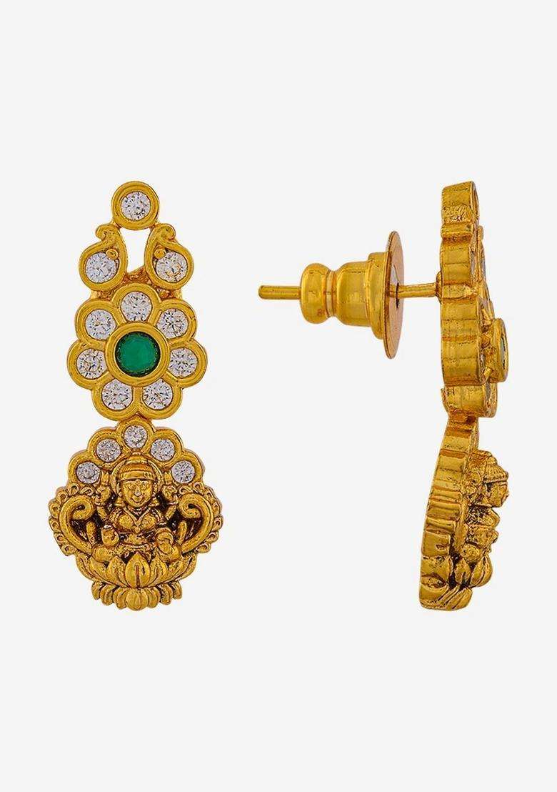 Gold-Plated Temple Cubic Zirconia Necklace and Earrings for Women | Traditional Temple Jewellery for Wedding & Festive Wear | Gift for Her - Indya