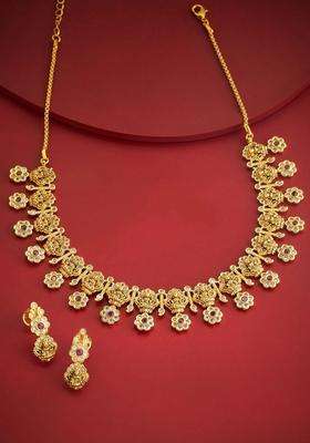 Kushal'S Fashion Jewellery Gold-Plated Temple Cubic Zirconia Necklace and Earrings for Women | Traditional Temple Jewellery for Wedding & Festive Wear | Gift for Her