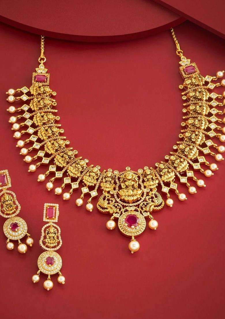 Gold-Plated Temple Cubic Zirconia Necklace and Earrings for Women | Traditional Temple Jewellery for Wedding & Festive Wear | Gift for Her - Indya