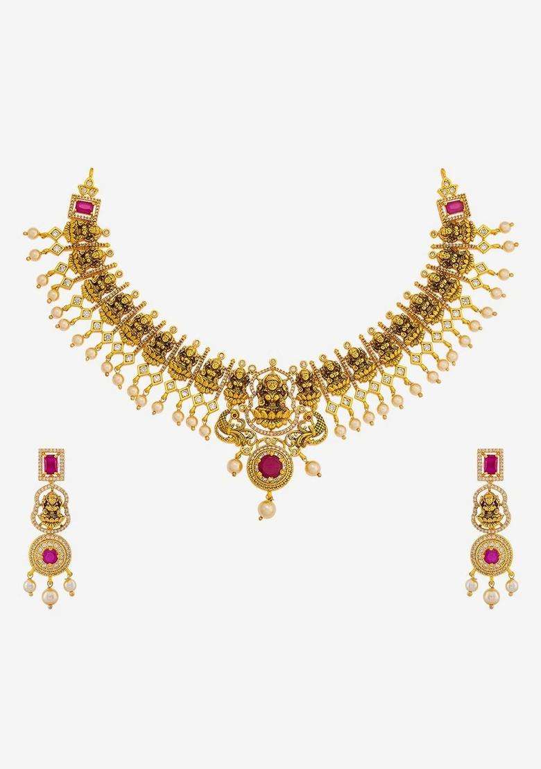 Gold-Plated Temple Cubic Zirconia Necklace and Earrings for Women | Traditional Temple Jewellery for Wedding & Festive Wear | Gift for Her - Indya