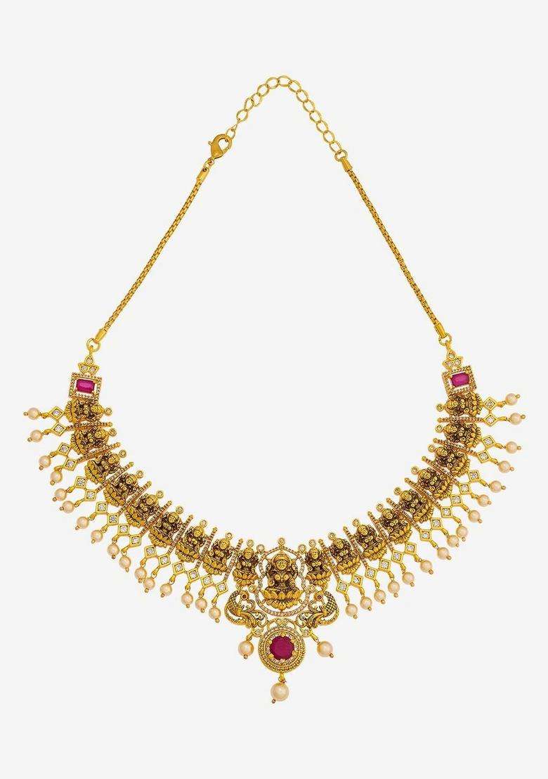 Gold-Plated Temple Cubic Zirconia Necklace and Earrings for Women | Traditional Temple Jewellery for Wedding & Festive Wear | Gift for Her - Indya