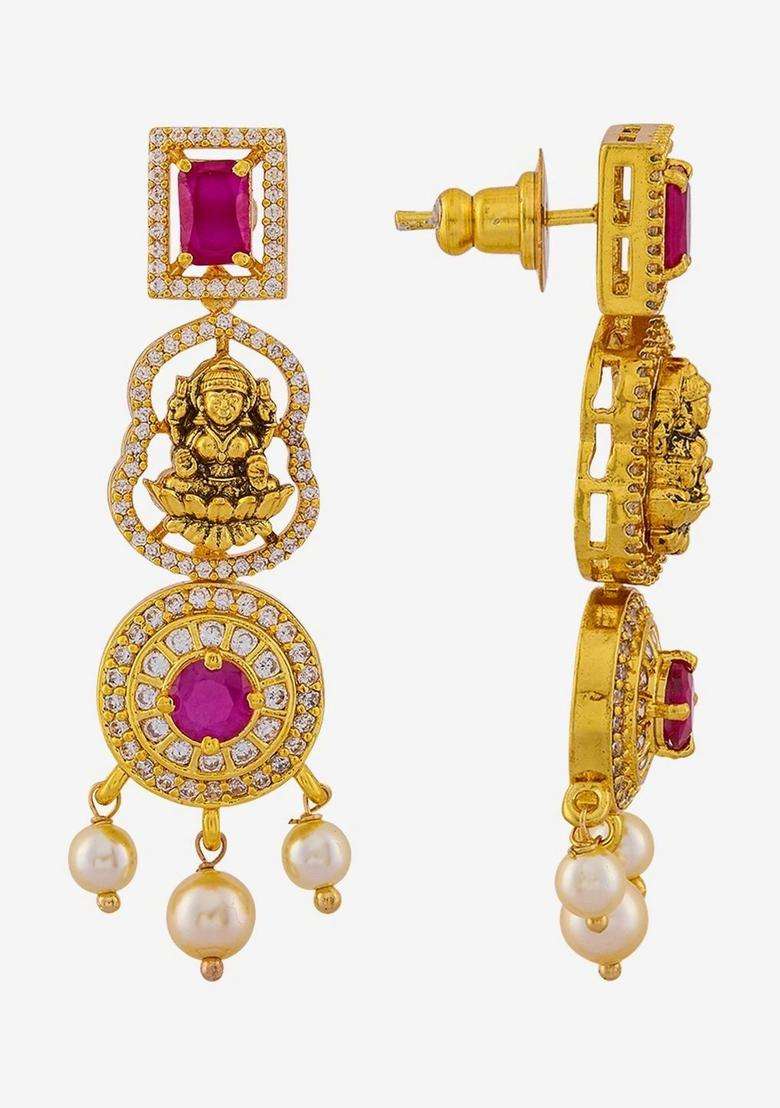 Gold-Plated Temple Cubic Zirconia Necklace and Earrings for Women | Traditional Temple Jewellery for Wedding & Festive Wear | Gift for Her - Indya