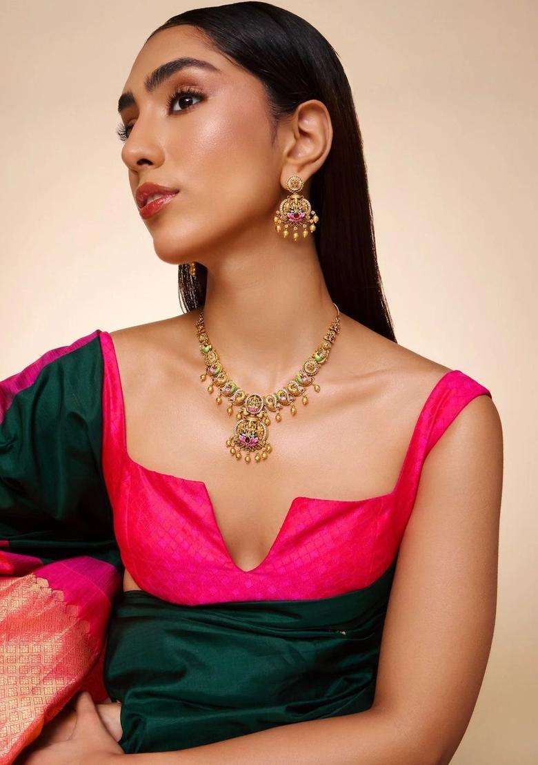 Gold-Plated Temple Stone-Studded Necklace and Earrings for Women | Traditional Temple Jewellery for Wedding & Festive Wear | Gift for Her - Indya