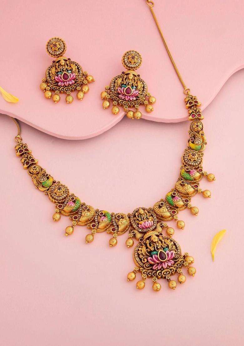 Gold-Plated Temple Stone-Studded Necklace and Earrings for Women | Traditional Temple Jewellery for Wedding & Festive Wear | Gift for Her - Indya