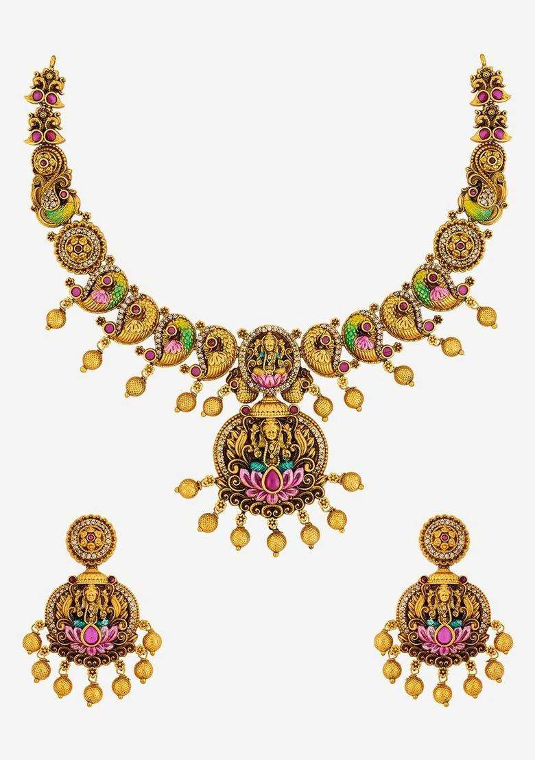 Gold-Plated Temple Stone-Studded Necklace and Earrings for Women | Traditional Temple Jewellery for Wedding & Festive Wear | Gift for Her - Indya