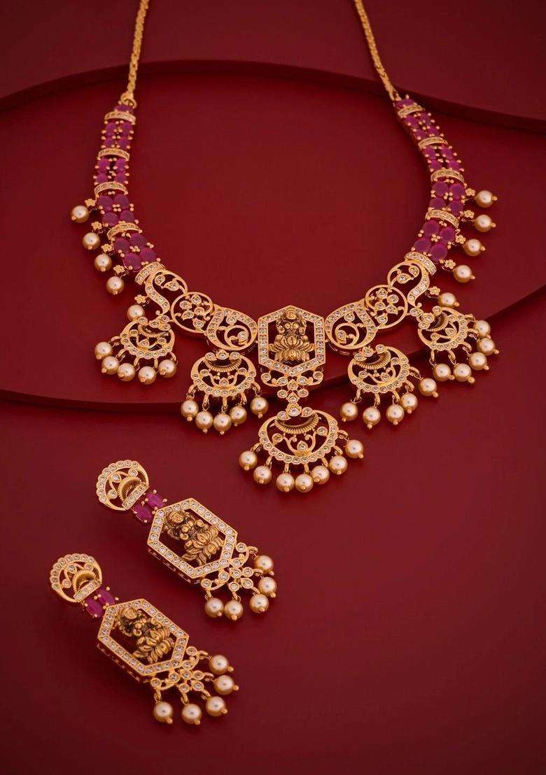 Gold-Plated Temple Cubic Zirconia Necklace and Earrings for Women | Traditional Temple Jewellery for Wedding & Festive Wear | Gift for Her - Indya