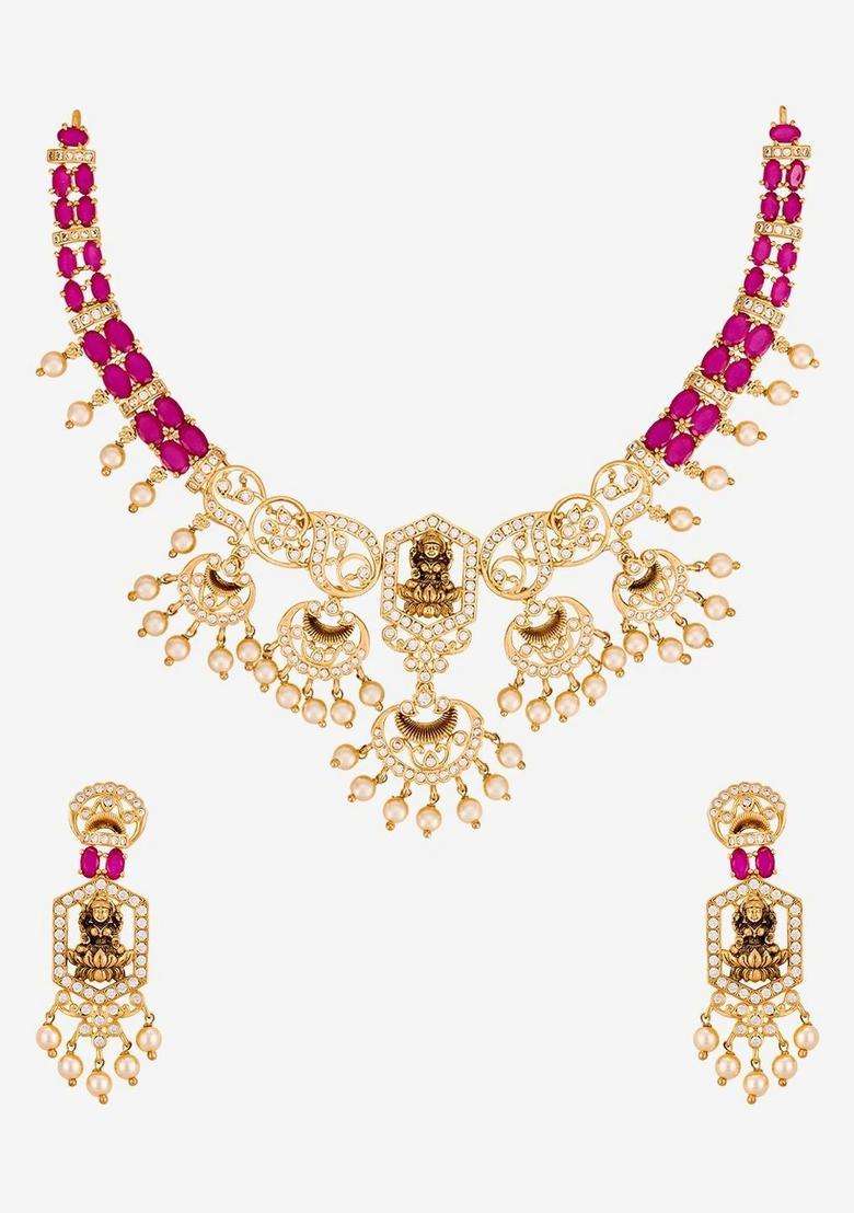 Gold-Plated Temple Cubic Zirconia Necklace and Earrings for Women | Traditional Temple Jewellery for Wedding & Festive Wear | Gift for Her - Indya