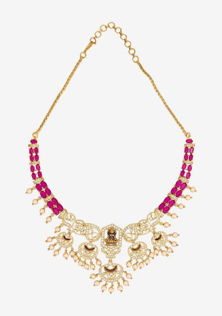 Gold-Plated Temple Cubic Zirconia Necklace and Earrings for Women | Traditional Temple Jewellery for Wedding & Festive Wear | Gift for Her - Indya