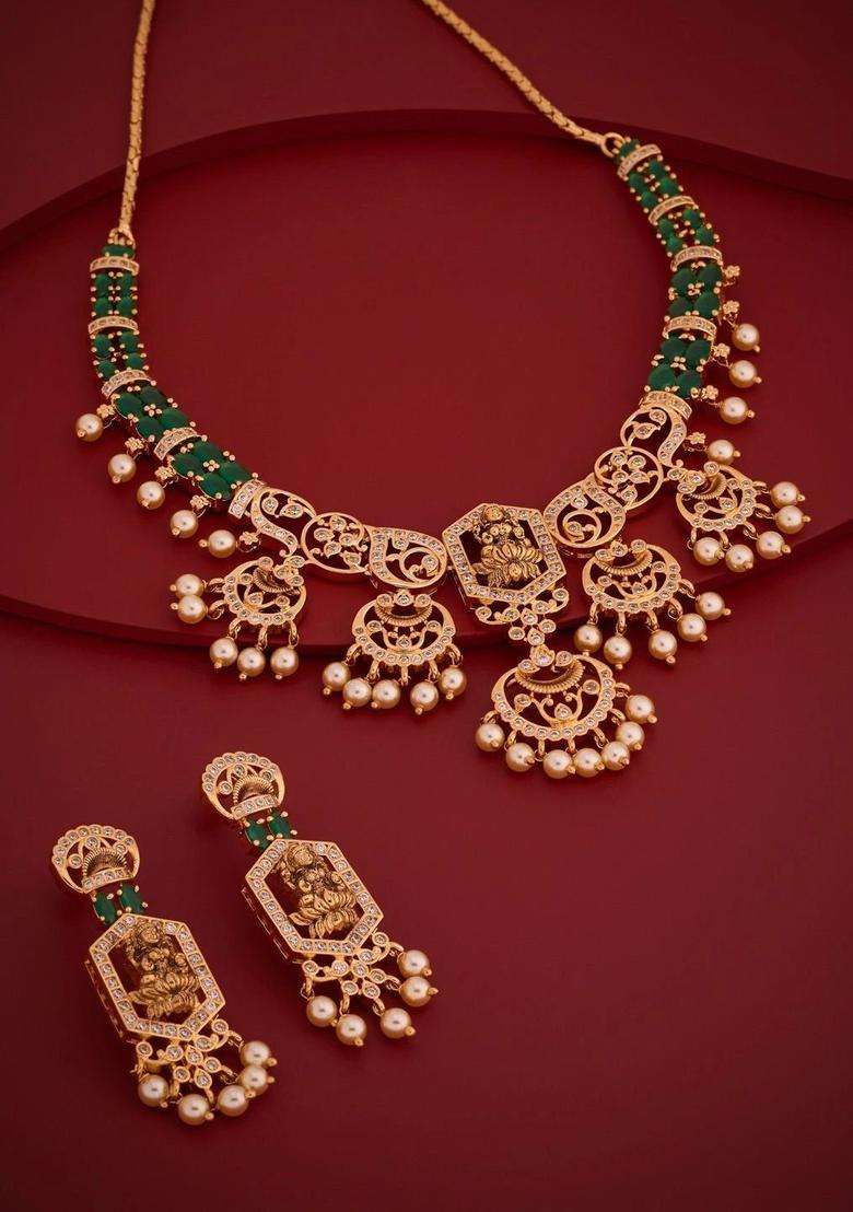 Gold-Plated Temple Cubic Zirconia Necklace and Earrings for Women | Traditional Temple Jewellery for Wedding & Festive Wear | Gift for Her - Indya