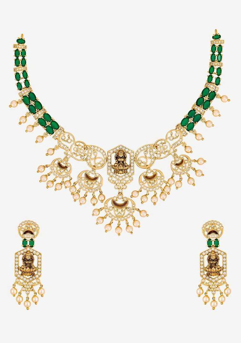 Gold-Plated Temple Cubic Zirconia Necklace and Earrings for Women | Traditional Temple Jewellery for Wedding & Festive Wear | Gift for Her - Indya