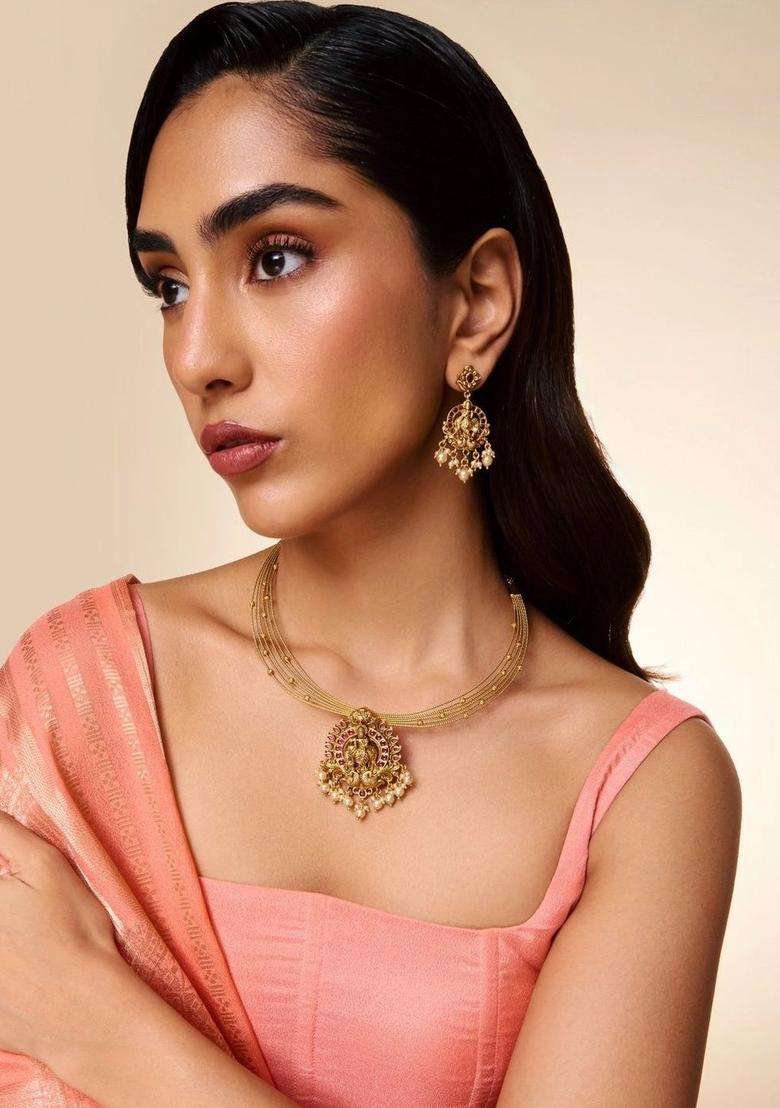 Gold-Plated Artificial Stones Studded & Beaded Ruby Set for Women | Traditional Temple Jewellery for Wedding & Festive Wear | Gift for Her - Indya
