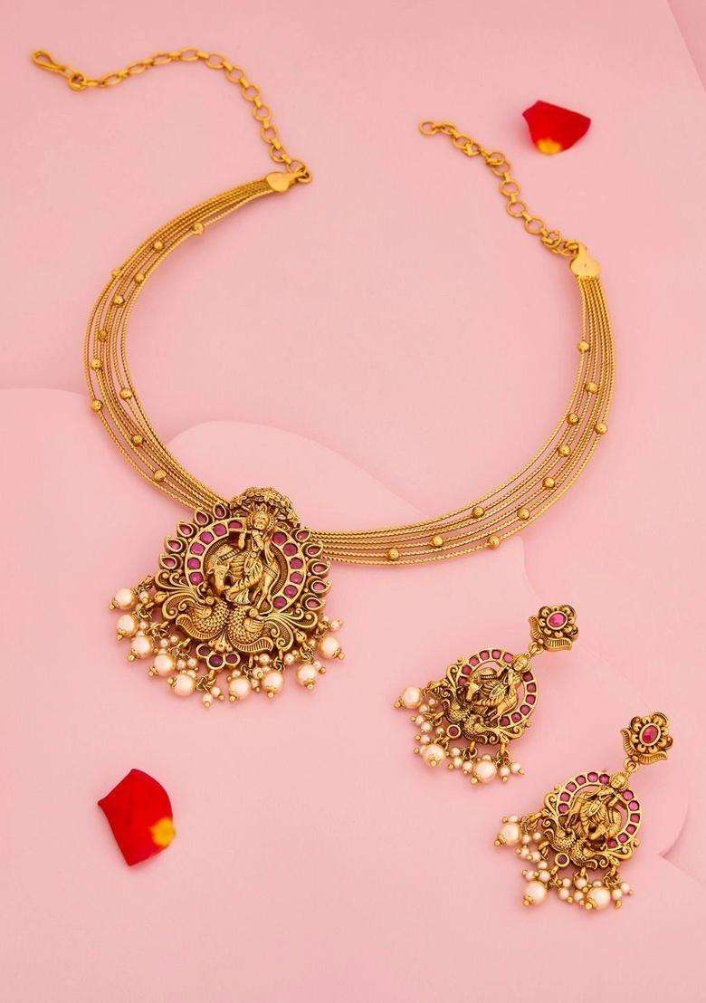 Gold-Plated Artificial Stones Studded & Beaded Ruby Set for Women | Traditional Temple Jewellery for Wedding & Festive Wear | Gift for Her - Indya