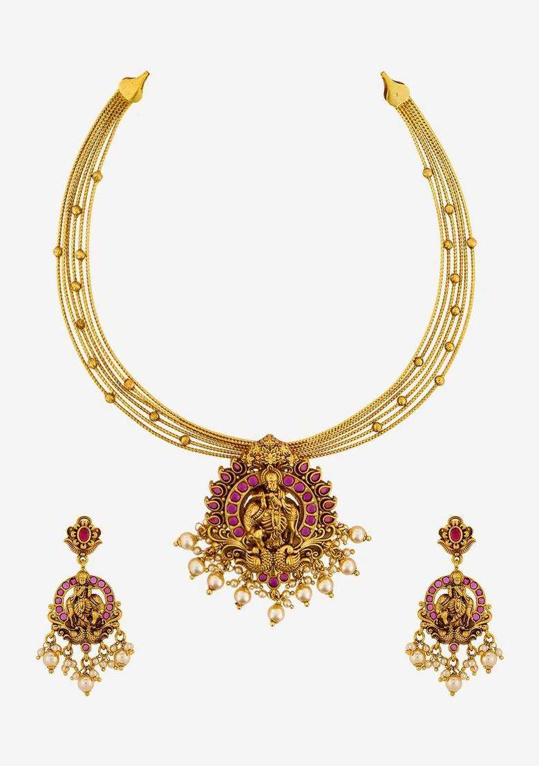 Gold-Plated Artificial Stones Studded & Beaded Ruby Set for Women | Traditional Temple Jewellery for Wedding & Festive Wear | Gift for Her - Indya