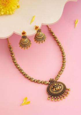 Gold-Plated Artificial Stone-Studded Necklace Earrings Set for Women | Traditional Temple Jewellery for Wedding & Festive Wear | Gift for Her