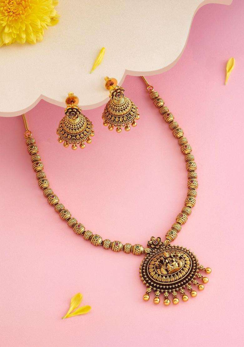 Gold-Plated Artificial Stone-Studded Necklace Earrings Set for Women | Traditional Temple Jewellery for Wedding & Festive Wear | Gift for Her - Indya