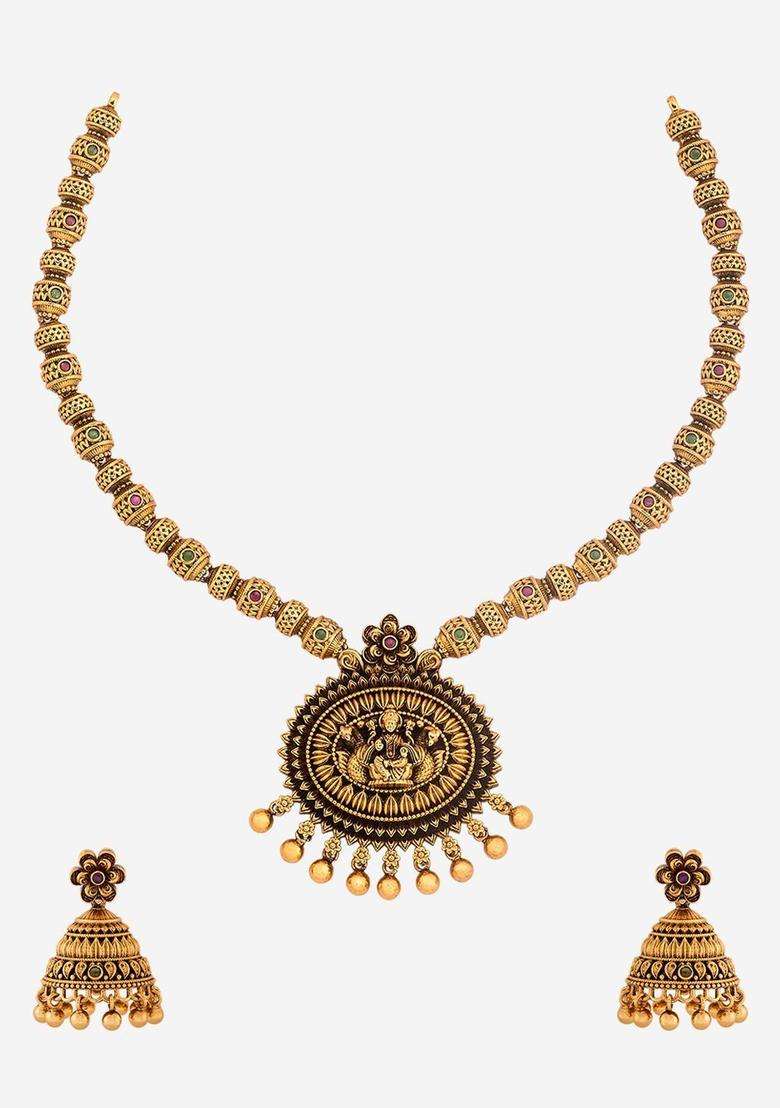 Gold-Plated Artificial Stone-Studded Necklace Earrings Set for Women | Traditional Temple Jewellery for Wedding & Festive Wear | Gift for Her - Indya