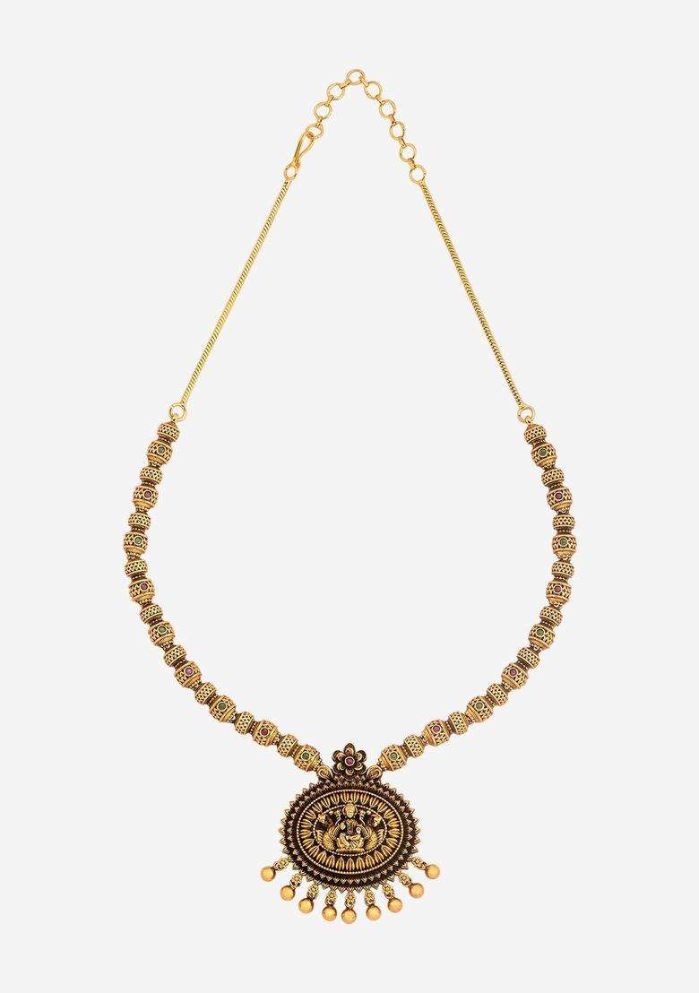 Gold-Plated Artificial Stone-Studded Necklace Earrings Set for Women | Traditional Temple Jewellery for Wedding & Festive Wear | Gift for Her - Indya