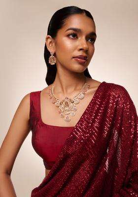 Gold-Plated Temple Cubic Zirconia Necklace and Earrings for Women | Traditional Temple Jewellery for Wedding & Festive Wear | Gift for Her
