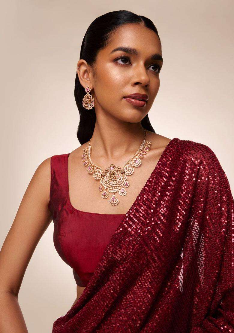 Gold-Plated Temple Cubic Zirconia Necklace and Earrings for Women | Traditional Temple Jewellery for Wedding & Festive Wear | Gift for Her - Indya