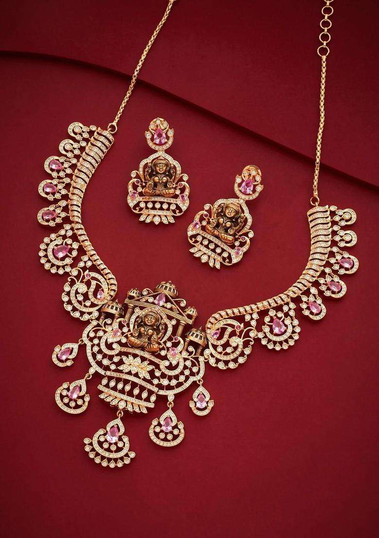 Gold-Plated Temple Cubic Zirconia Necklace and Earrings for Women | Traditional Temple Jewellery for Wedding & Festive Wear | Gift for Her - Indya