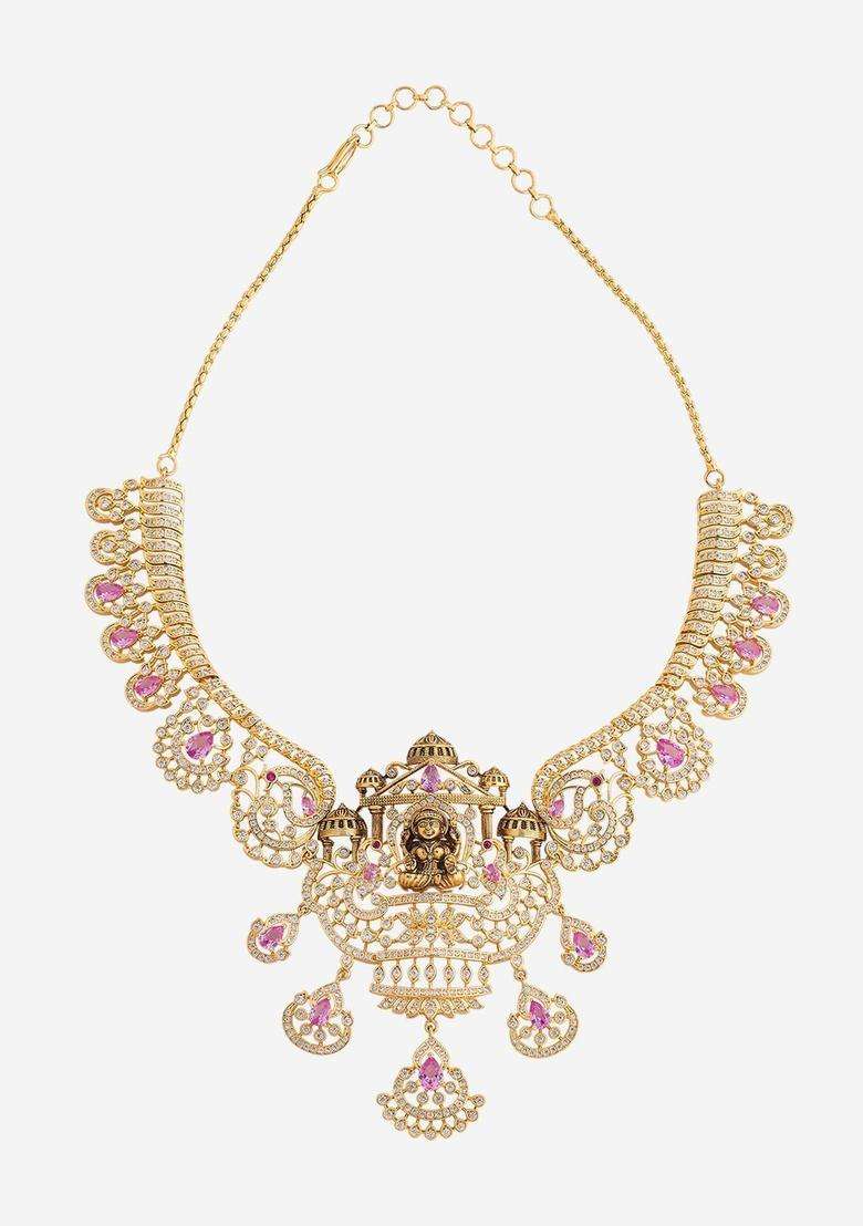 Gold-Plated Temple Cubic Zirconia Necklace and Earrings for Women | Traditional Temple Jewellery for Wedding & Festive Wear | Gift for Her - Indya