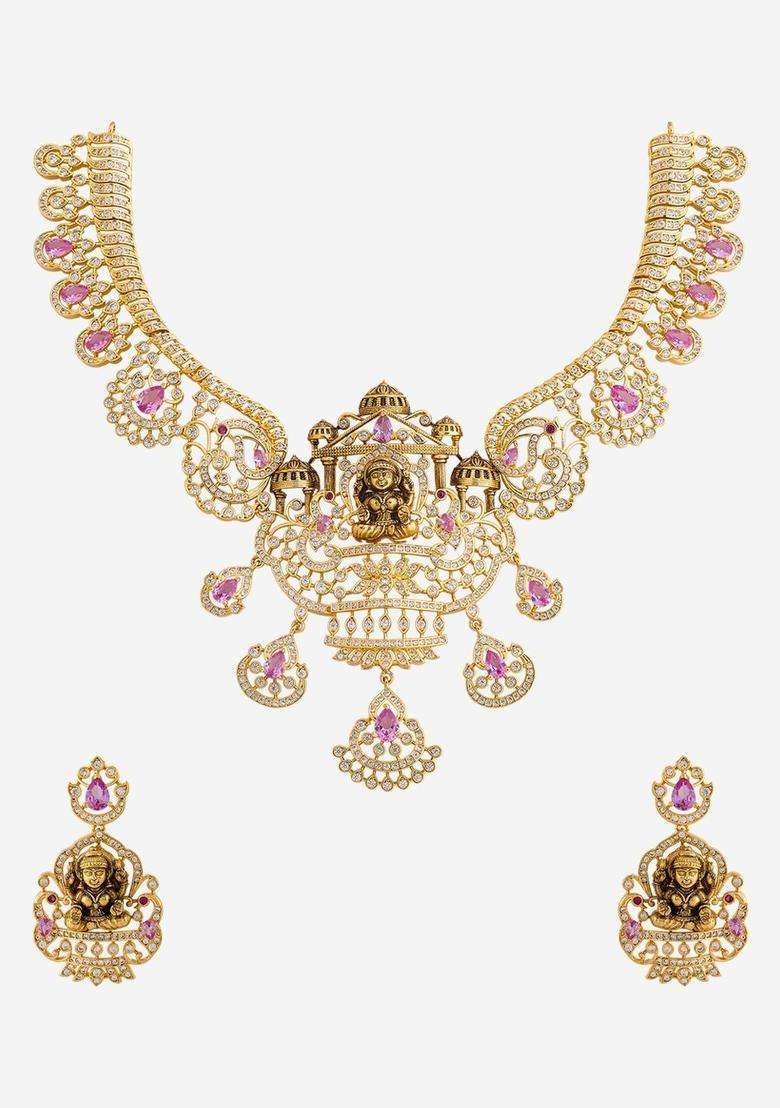 Gold-Plated Temple Cubic Zirconia Necklace and Earrings for Women | Traditional Temple Jewellery for Wedding & Festive Wear | Gift for Her - Indya