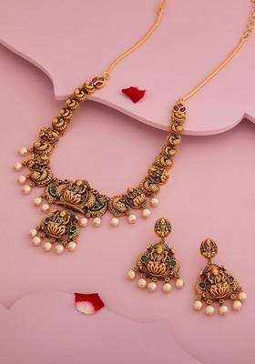 Gold-Plated Temple Stone Studded & Beaded Necklace Earrings Set for Women | Traditional Temple Jewellery for Wedding & Festive Wear | Gift for Her