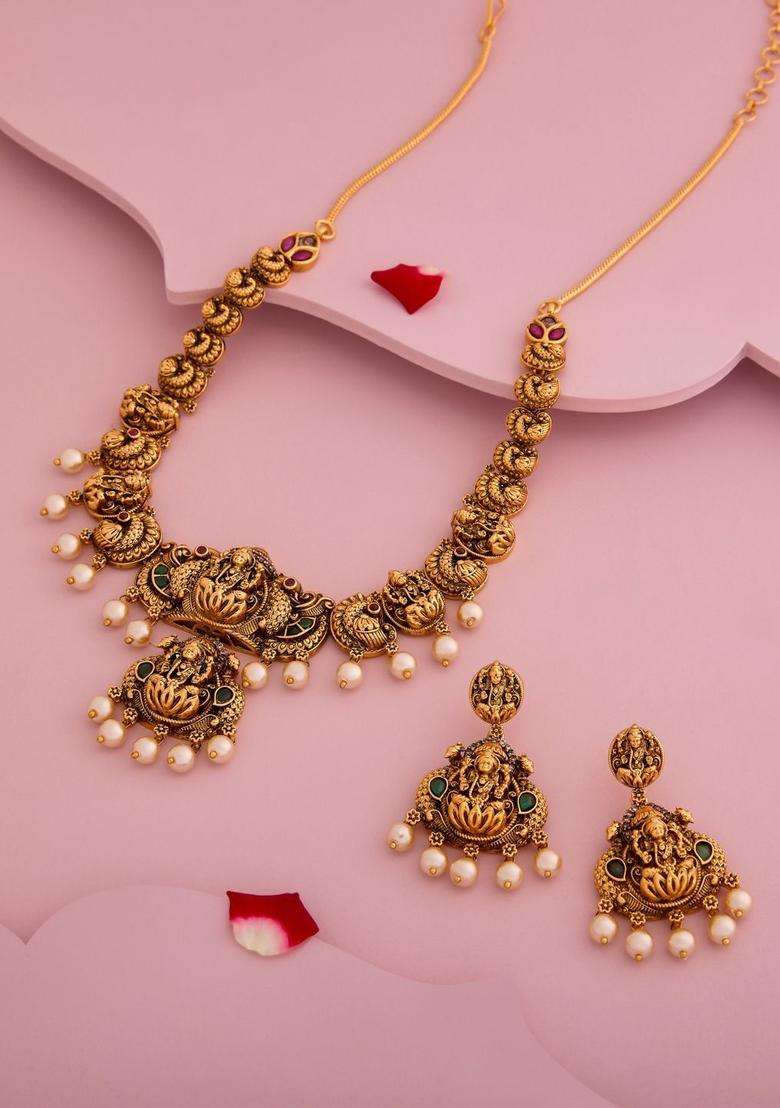 Gold-Plated Temple Stone Studded & Beaded Necklace Earrings Set for Women | Traditional Temple Jewellery for Wedding & Festive Wear | Gift for Her - Indya
