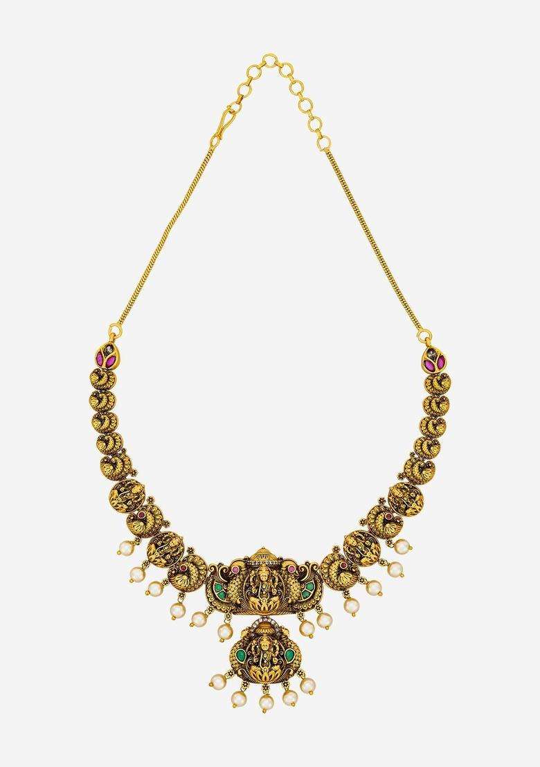Gold-Plated Temple Stone Studded & Beaded Necklace Earrings Set for Women | Traditional Temple Jewellery for Wedding & Festive Wear | Gift for Her - Indya