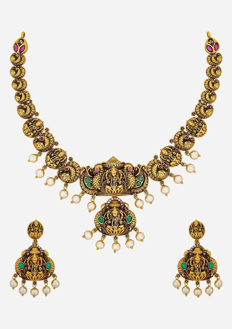 Gold-Plated Temple Stone Studded & Beaded Necklace Earrings Set for Women | Traditional Temple Jewellery for Wedding & Festive Wear | Gift for Her - Indya