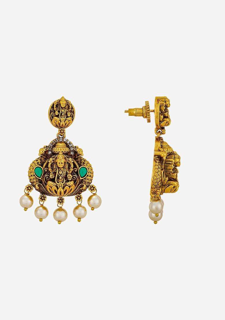 Gold-Plated Temple Stone Studded & Beaded Necklace Earrings Set for Women | Traditional Temple Jewellery for Wedding & Festive Wear | Gift for Her - Indya