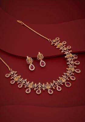 Copper Gold-Plated Cubic Zirconia Studded Necklace Earrings Set for Women | Traditional Temple Jewellery for Wedding & Festive Wear | Gift for Her