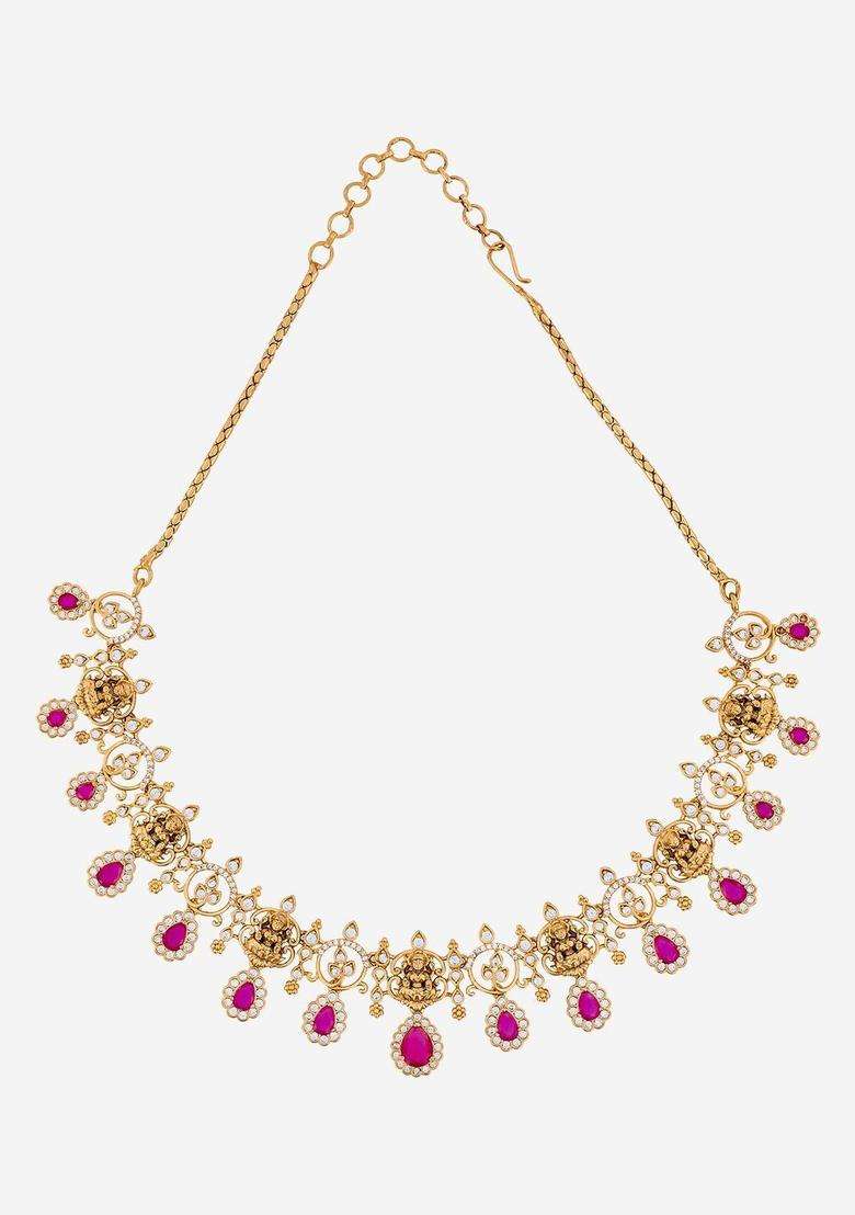 Copper Gold-Plated Cubic Zirconia Studded Necklace Earrings Set for Women | Traditional Temple Jewellery for Wedding & Festive Wear | Gift for Her - Indya
