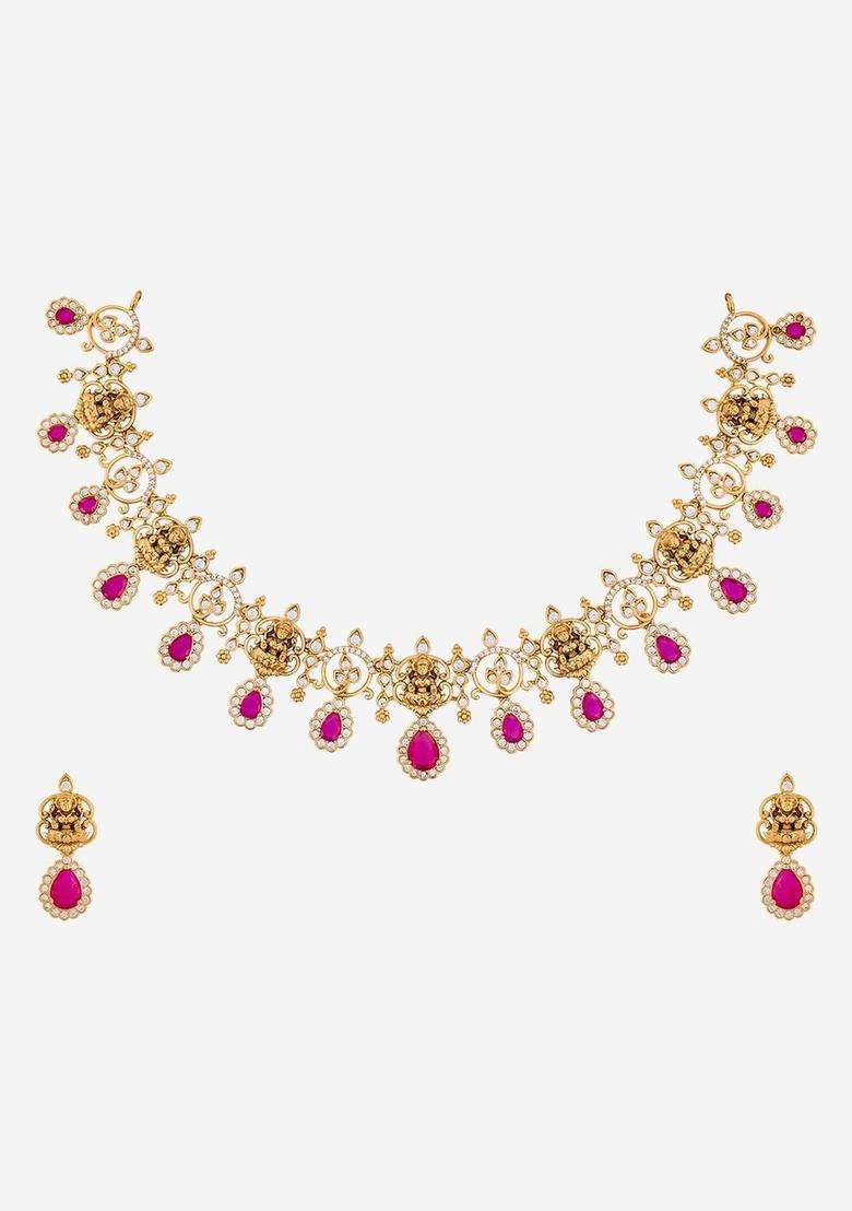 Copper Gold-Plated Cubic Zirconia Studded Necklace Earrings Set for Women | Traditional Temple Jewellery for Wedding & Festive Wear | Gift for Her - Indya